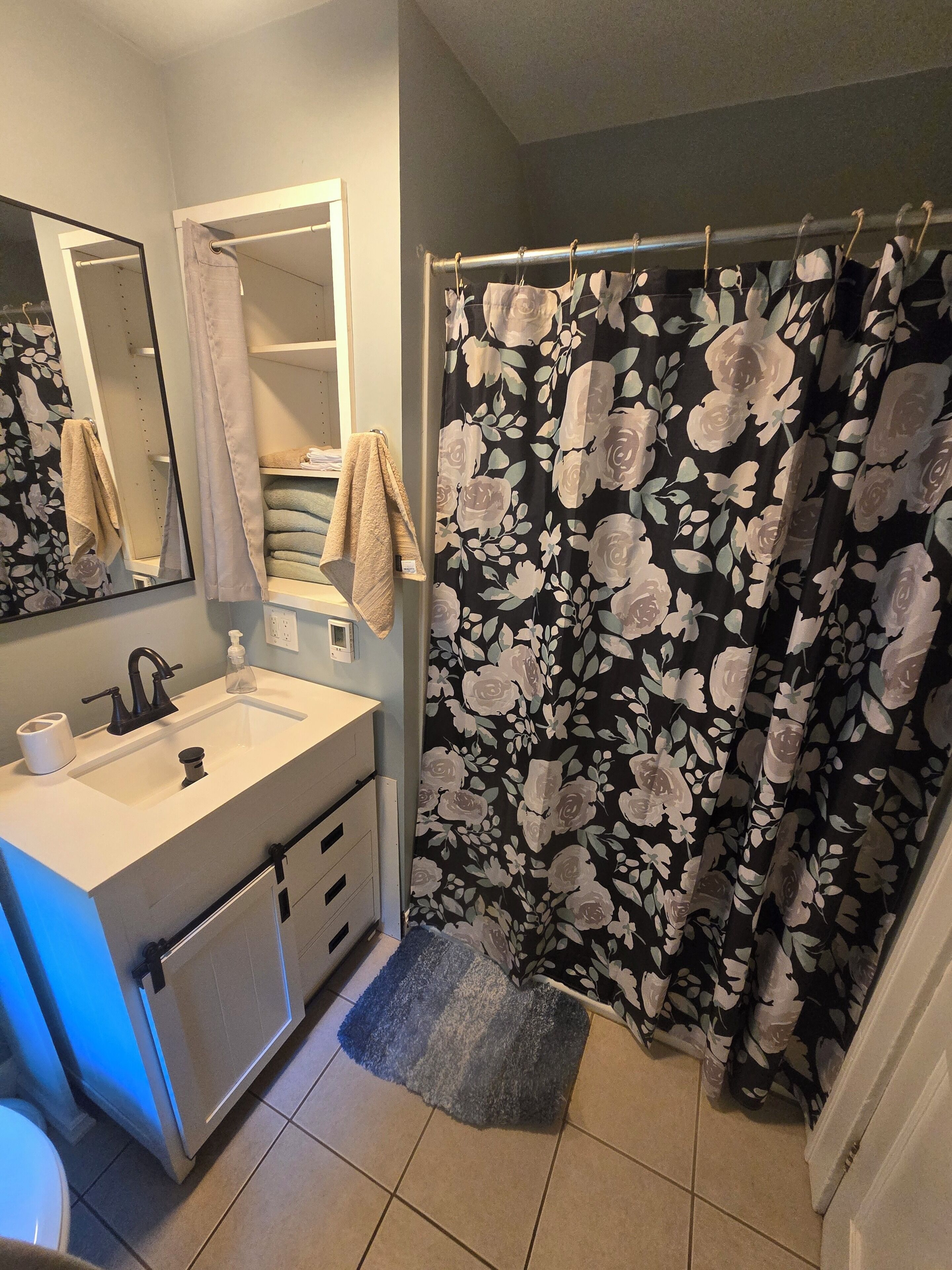 Shower, towels, soap, toilet paper
