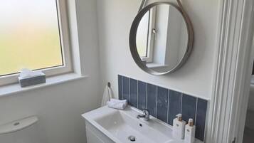A bathroom with a white sink, a mirror, and a window.
