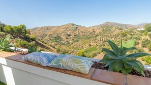 A balcony with a view of a hilly landscape, a cushion, and a large plant. - Villa Hop House Frigiliana by Ruralidays (Málaga)