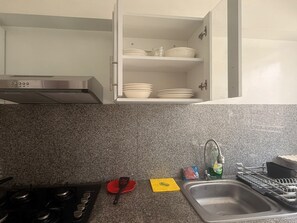 Une cuisine équipée d’un évier en acier inoxydable, d’un égouttoir, d’une cuisinière et d’armoires au-dessus du plan de travail.