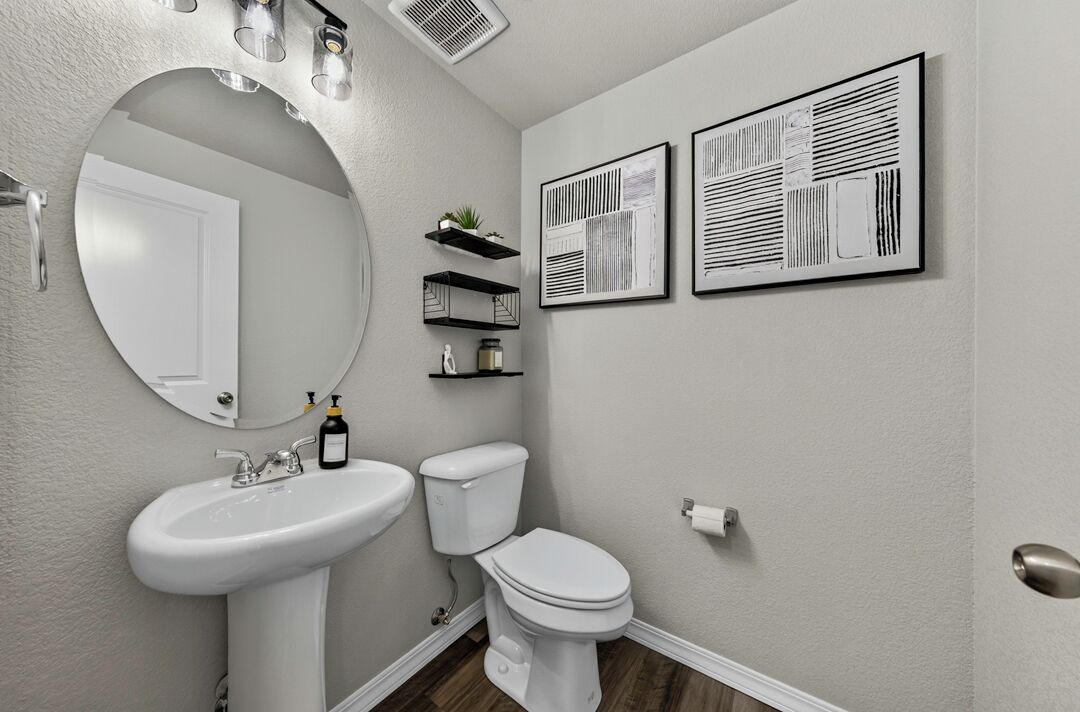 Ein Badezimmer mit einem weißen Waschbecken, einer Toilette und einem Spiegel. Zwei Regale an der Wand tragen Pflanzen und ein gerahmtes Bild.