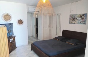 A bedroom with a bed, a television, and a wall-mounted air conditioner. - STUDIO FOR A DREAM VACATION (Marigot)