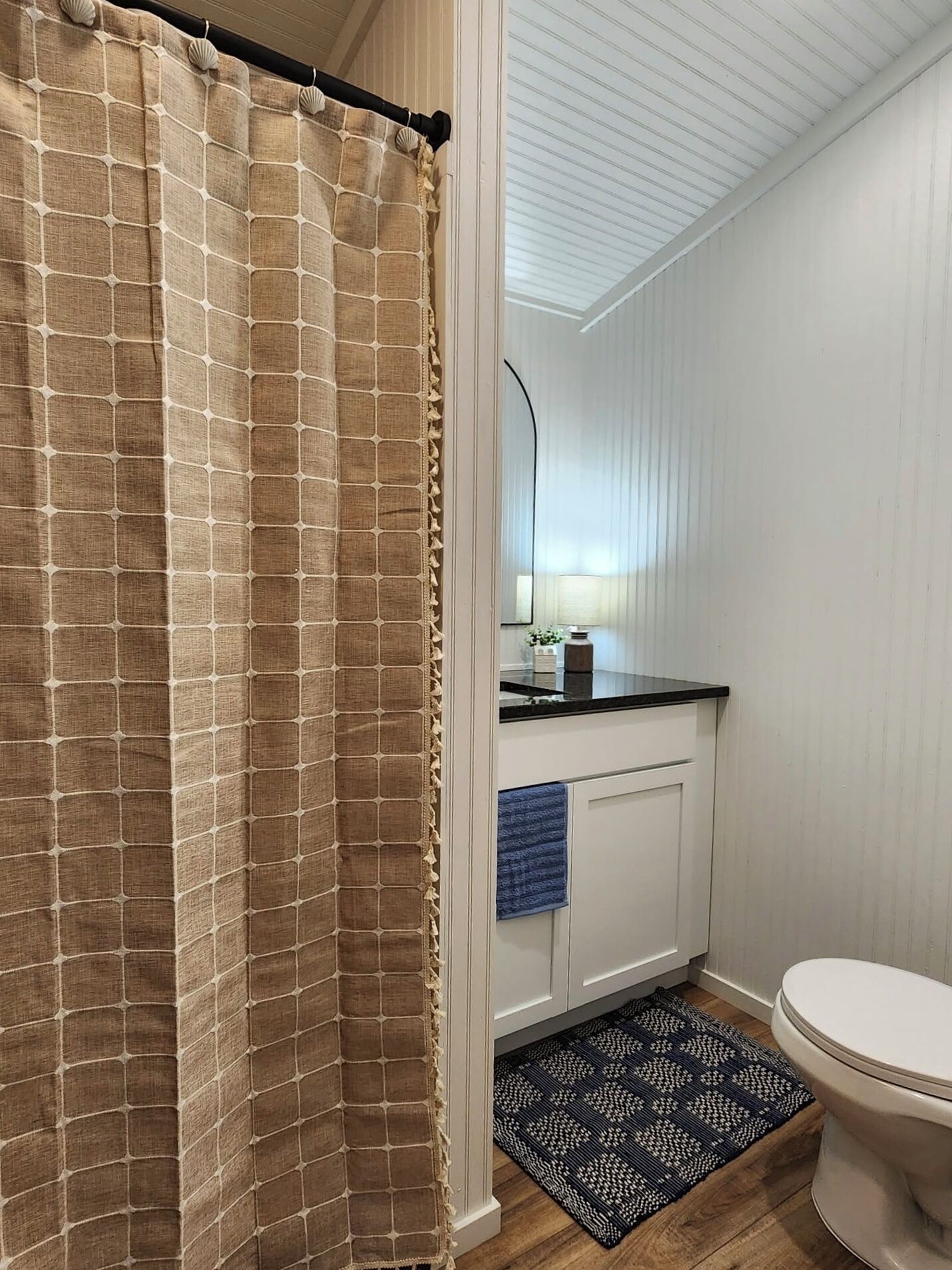Shower, towels, soap, toilet paper