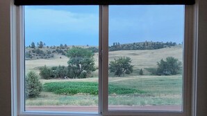 Ein Fenster mit Blick auf eine hügelige Landschaft mit Bäumen und einem klaren Himmel.