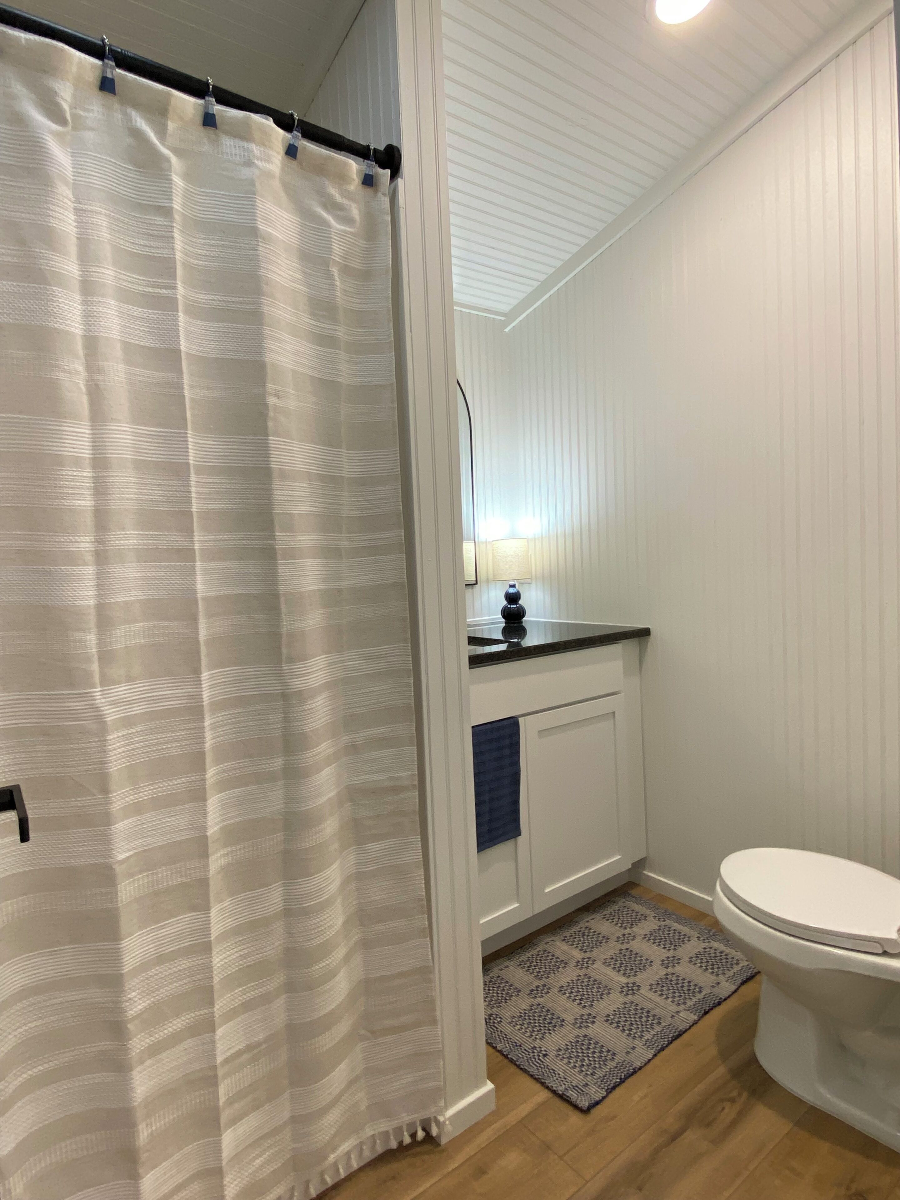 Shower, towels, soap, toilet paper