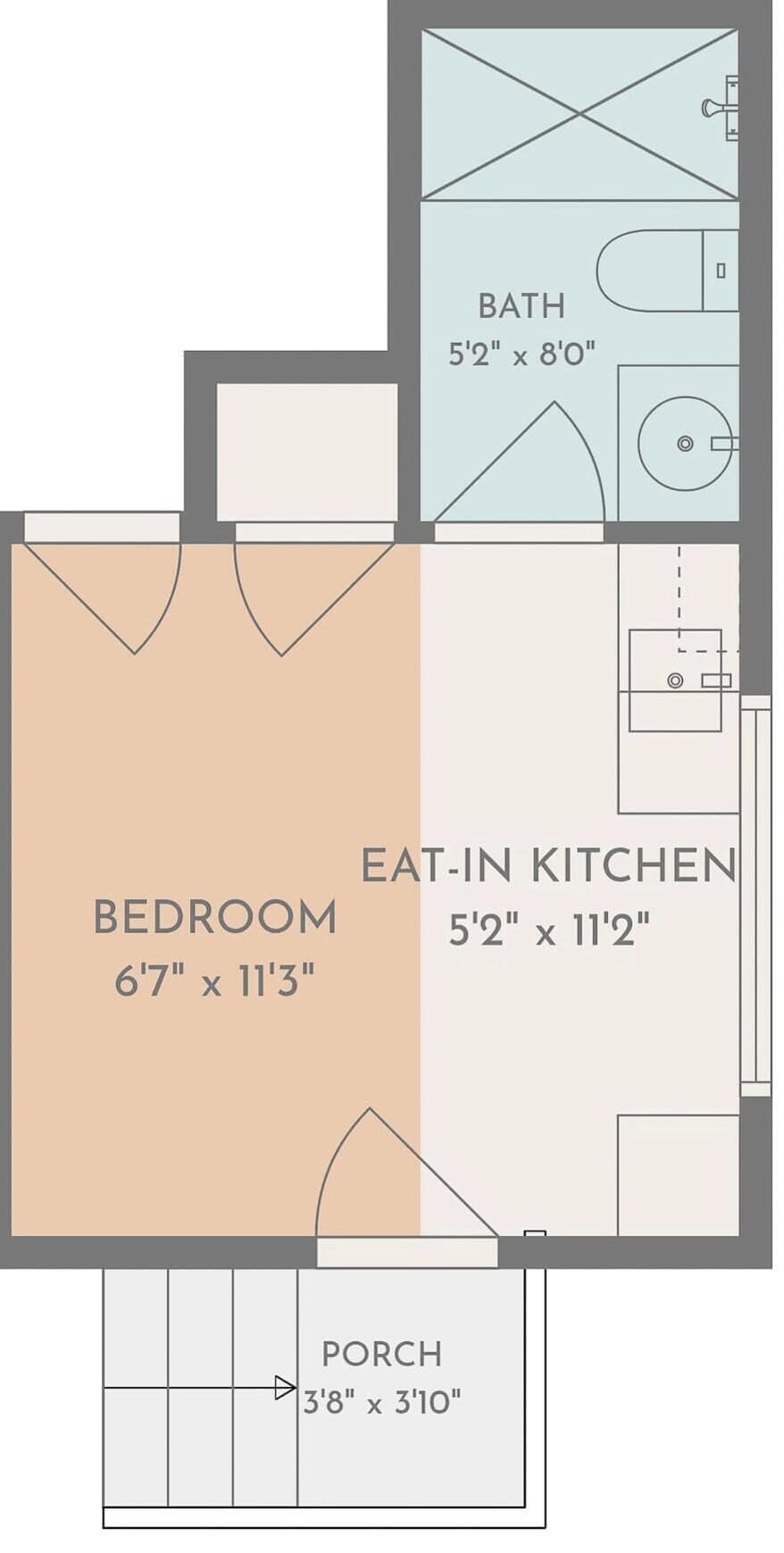Un plan d’étage comprenant une chambre de 2,01 m x 3,43 m, une cuisine avec coin repas de 1,57 m x 3,40 m, une salle de bain de 1,57 m x 2,44 m et une véranda de 1,14 m x 1,17 m.
