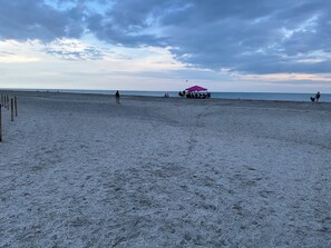 Une plage avec un parasol rose et des gens qui se promènent.