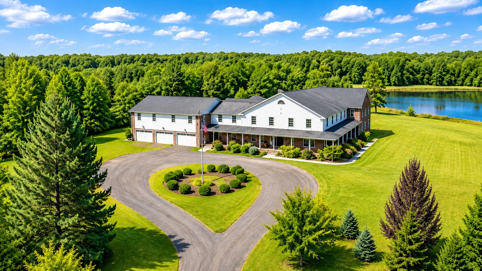 A two-story building with a driveway leading to a circular landscaped area.