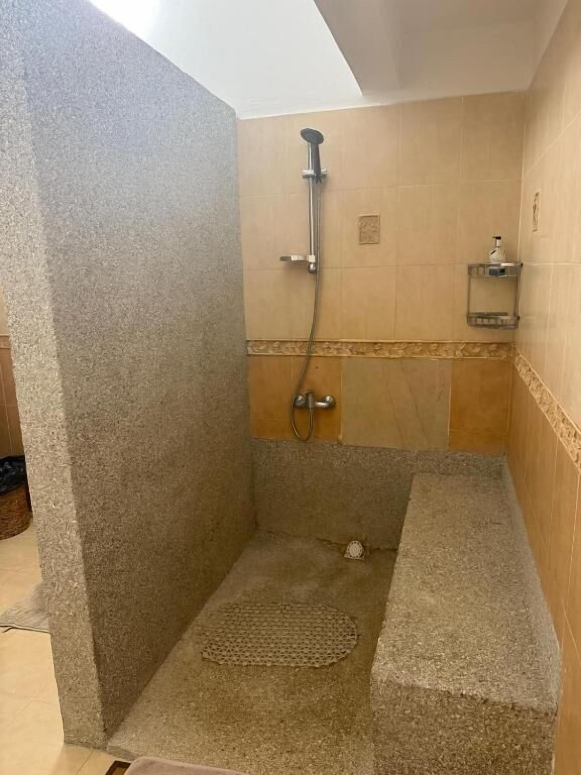 A shower area with a showerhead, a handheld shower, and a small shelf with toiletries.