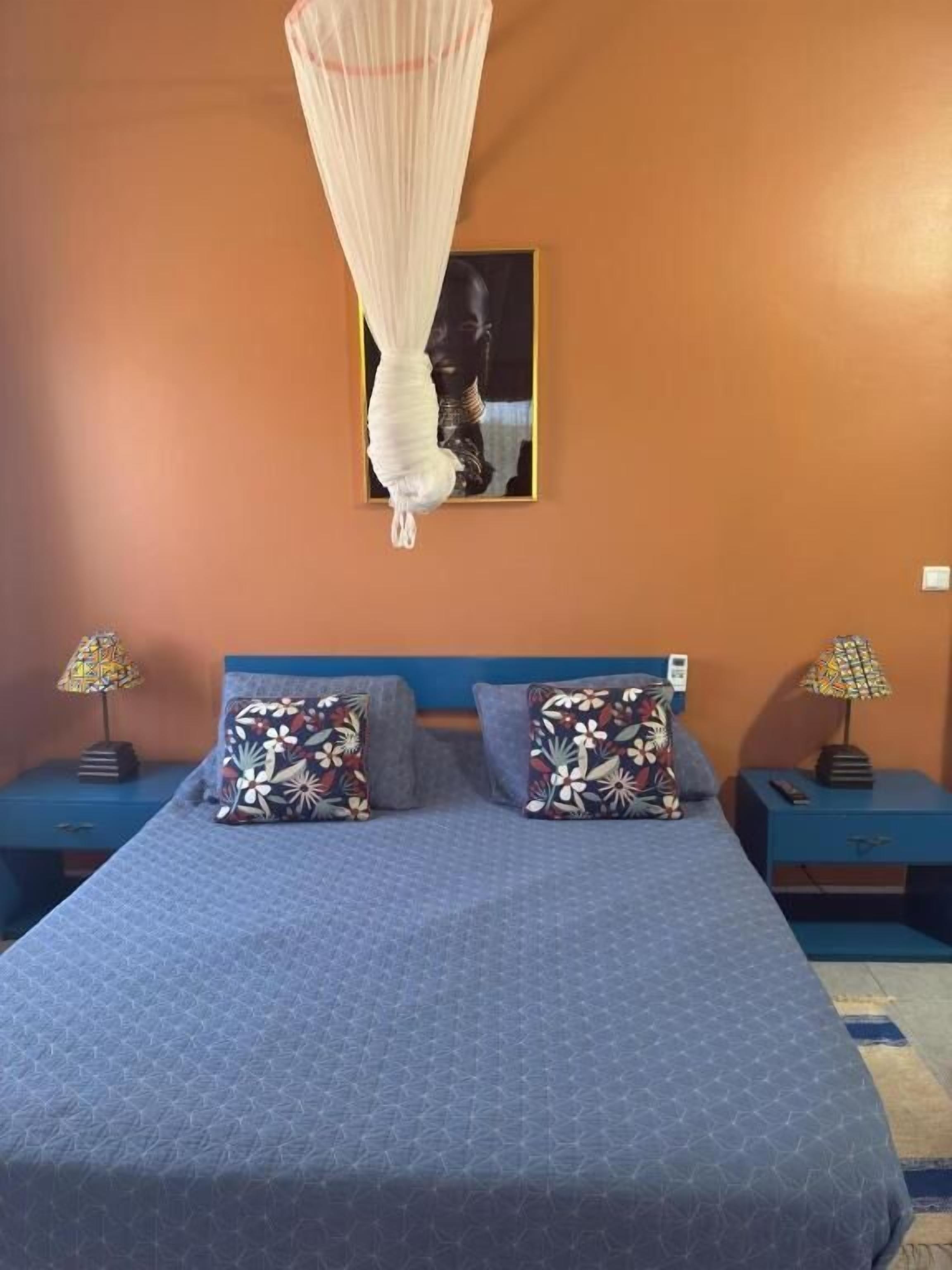 Une chambre à coucher comprenant un lit, deux tables de chevet, une lampe de chevet, un baldaquin suspendu et un tableau encadré au mur.