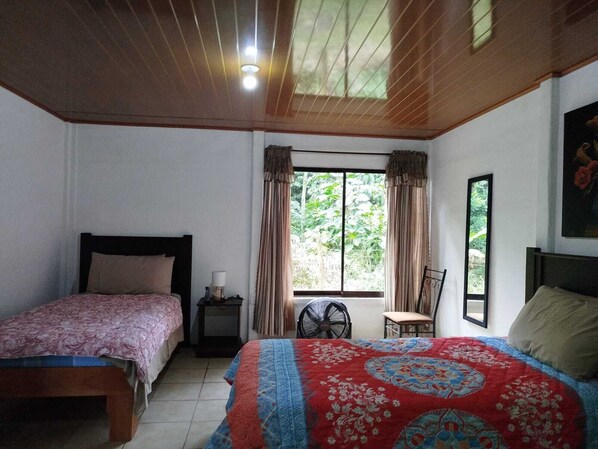 Une chambre avec deux lits, une fenêtre avec des rideaux, un ventilateur, une chaise et un tableau au mur.
