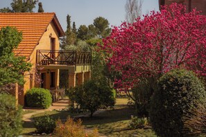 A house with a balcony, surrounded by a garden with various shrubs and a flowering tree.