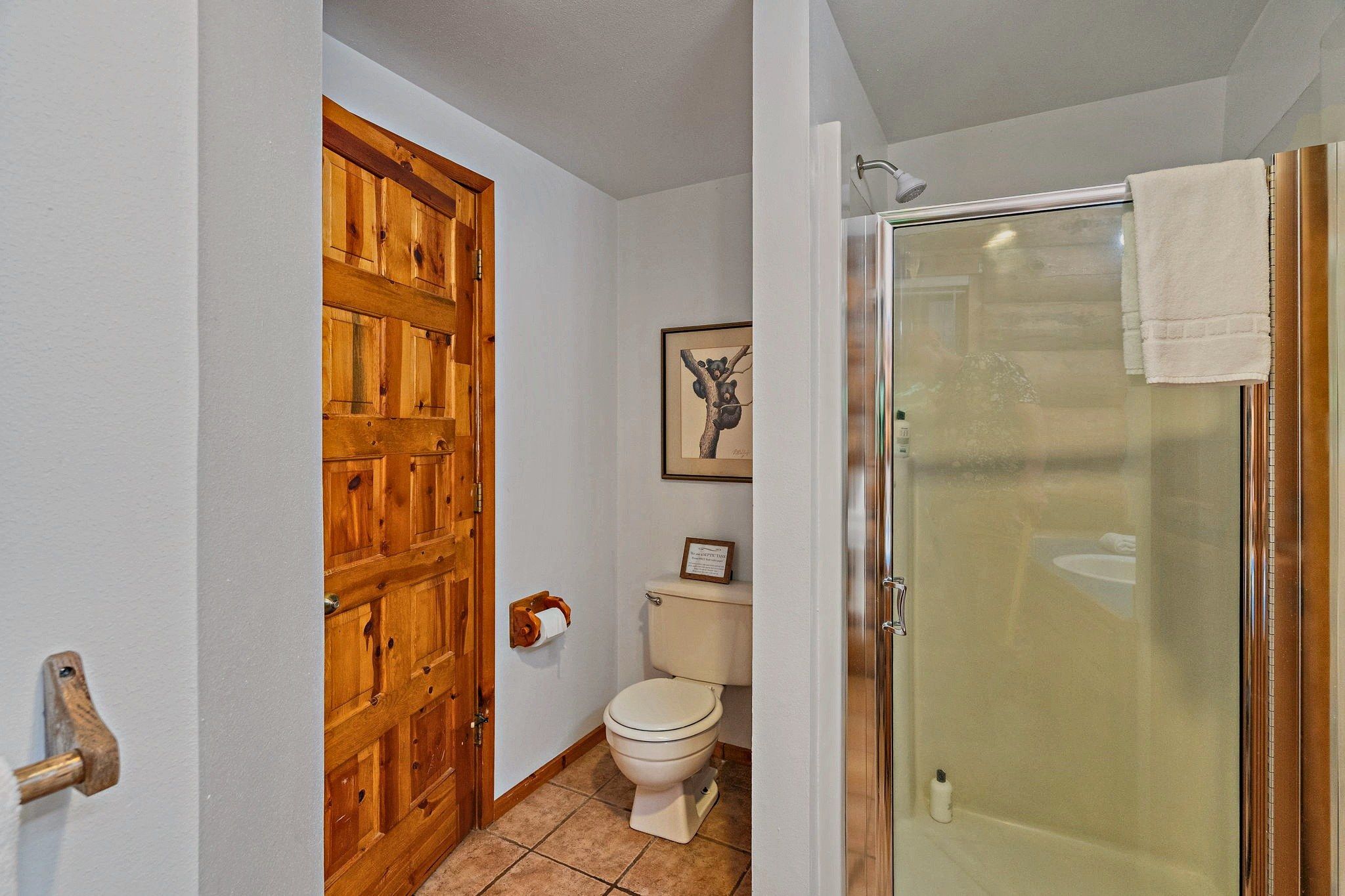 Un baño con puerta de madera, inodoro, un cuadro enmarcado en la pared y cabina de ducha de vidrio.