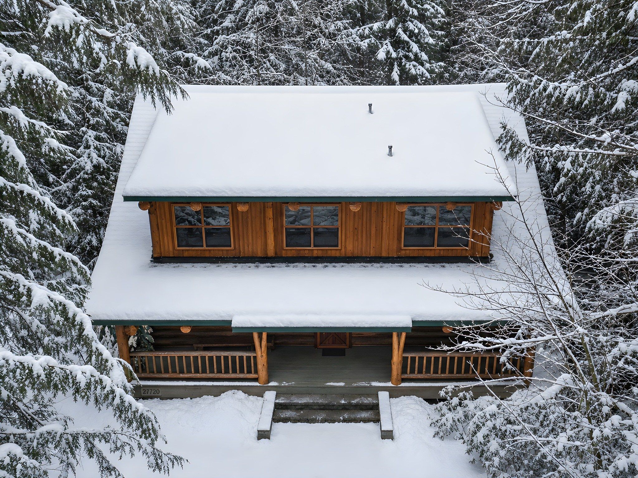 A two-story wooden cabin with a snow-covered roof, surrounded by dense forest.