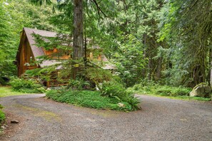 A cabin surrounded by dense forest, with a gravel path leading to the entrance.