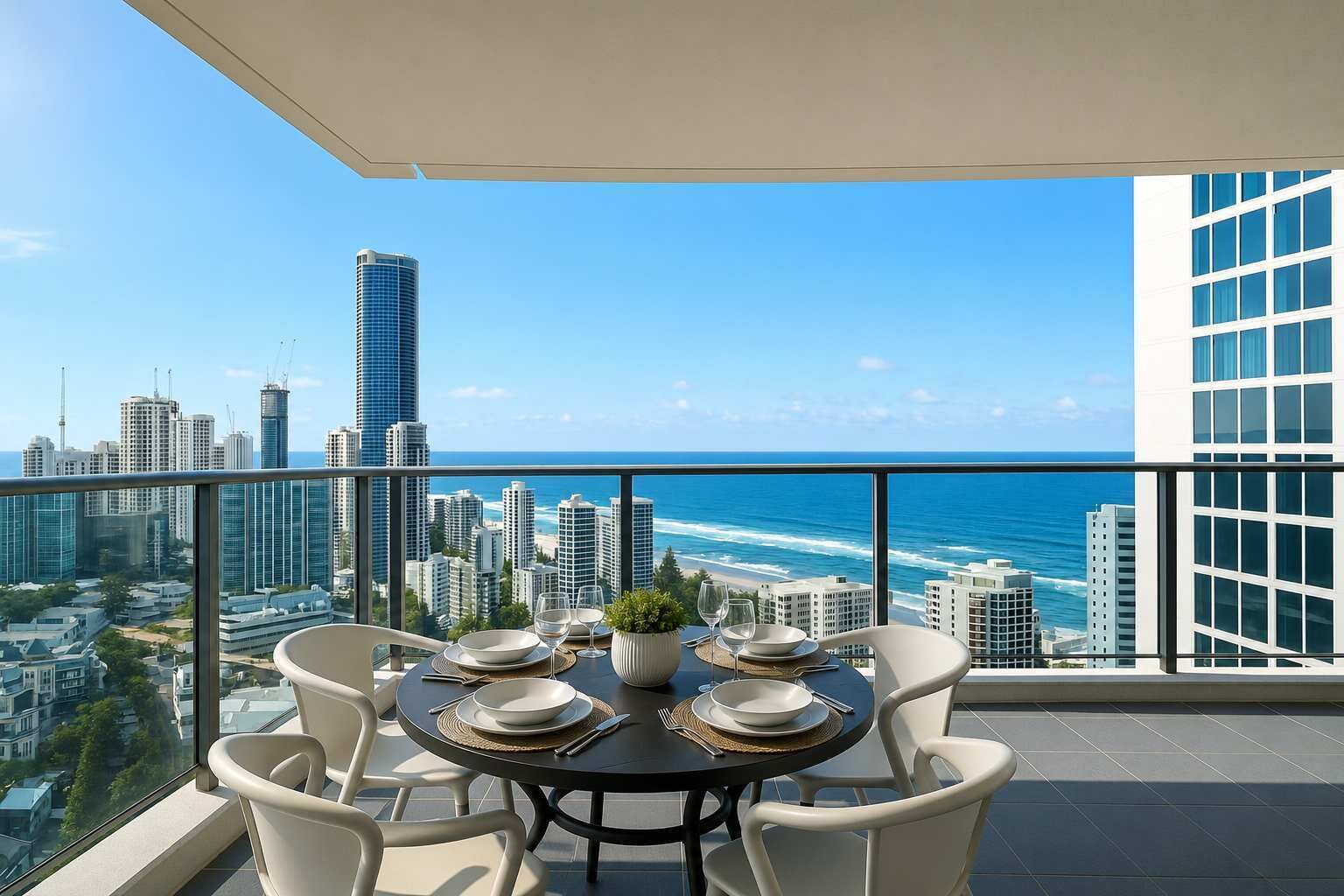 A balcony with a table set for dining, overlooking a cityscape and the ocean.