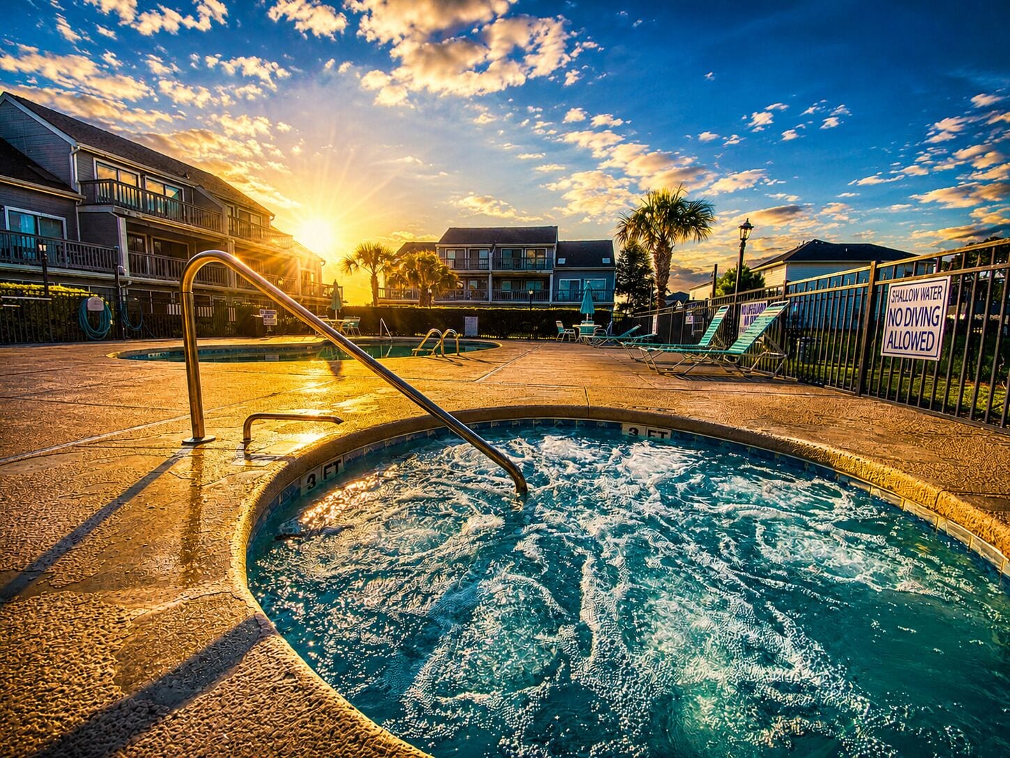 A swimming pool with a 3 FT depth marker, surrounded by lounge chairs and a sunlit sky.