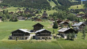Un ensemble de chalets traditionnels en bois, dotés de balcons, niché dans une vallée verdoyante, avec une chaîne de montagnes en toile de fond.