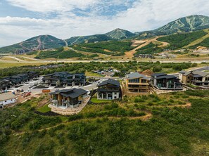 A residential area with modern houses, a road, and a mountain in the background.