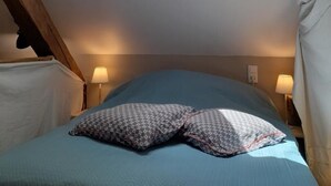 A bedroom with a skylight, a bed with a patterned pillow, and two bedside lamps. - La Viguerie - JOUQUEVIEL (JOUQUEVIEL)