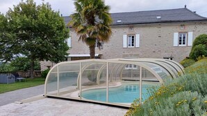 Una piscina con cerramiento de vidrio, rodeada de un jardín con flores amarillas y una palmera.
