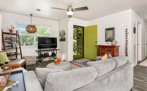 A living room with a sofa, television, bookshelf, and a green door. - The Nest | Charming 2BR Fredericksburg home with grill, full kitchen, and washer/dryer (Fredericksburg)