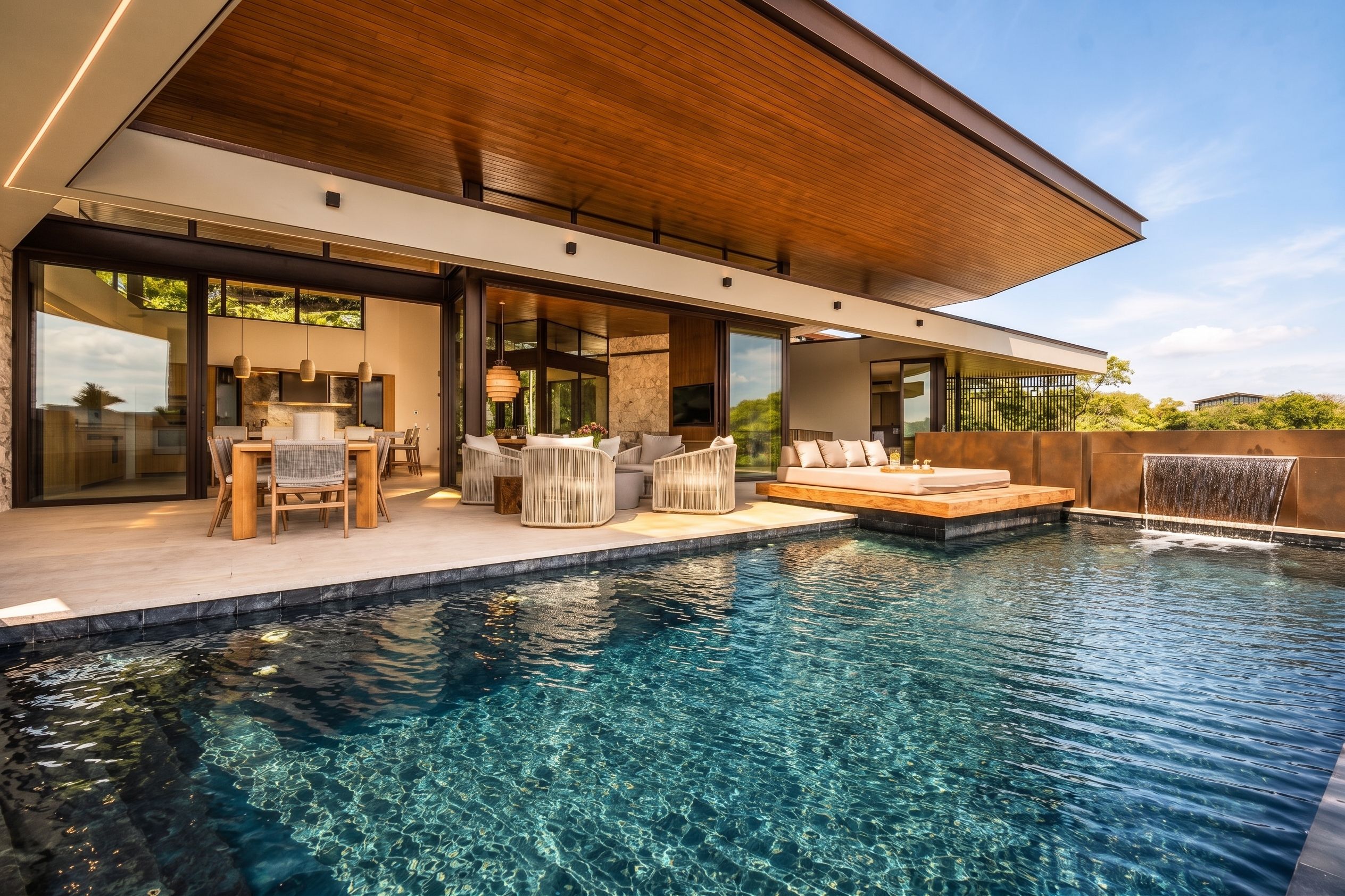 Een modern buitenzwembad met helder water, een houten terras en tuinmeubilair.