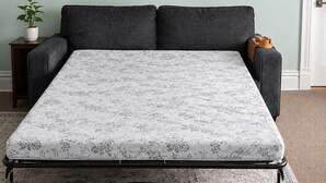 A bed with a floral mattress, a dark sofa, a small table with a plant, and a door in the background.