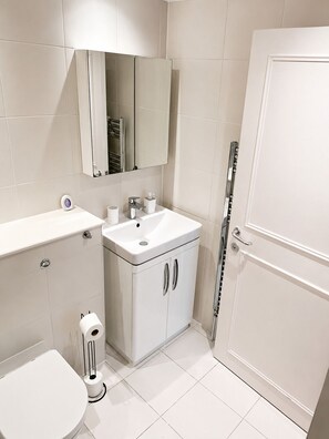 Une salle de bain moderne équipée de toilettes, d’un lavabo, d’un miroir et d’un espace douche.