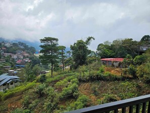 Un quartier résidentiel situé sur une colline, avec des maisons, une végétation luxuriante et un ciel nuageux.