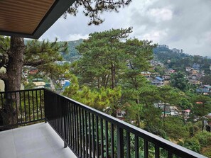 A balcony with a view of a residential area and trees.