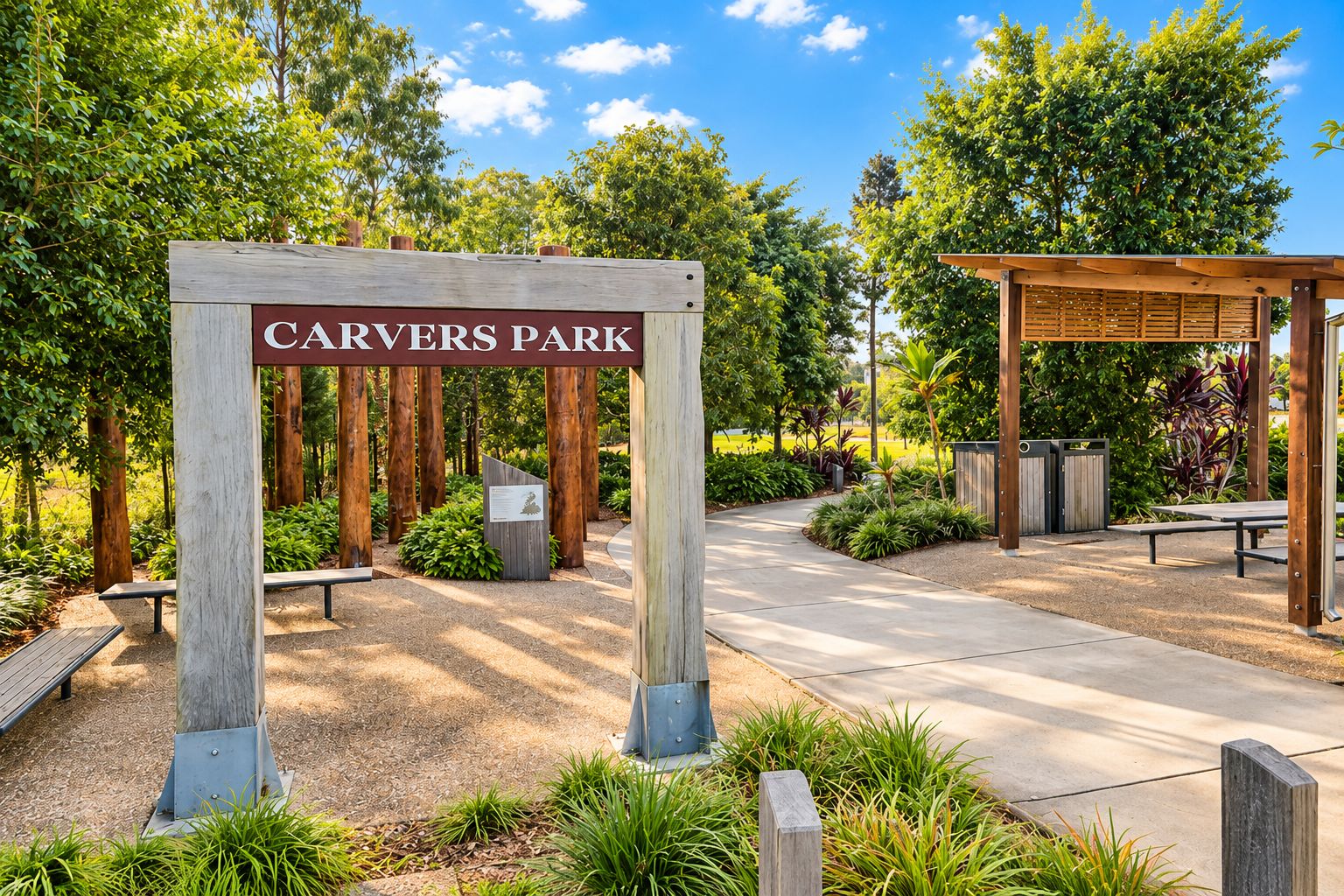 A park entrance with a sign reading 'CARVERS PARK' surrounded by trees and a wooden pergola.