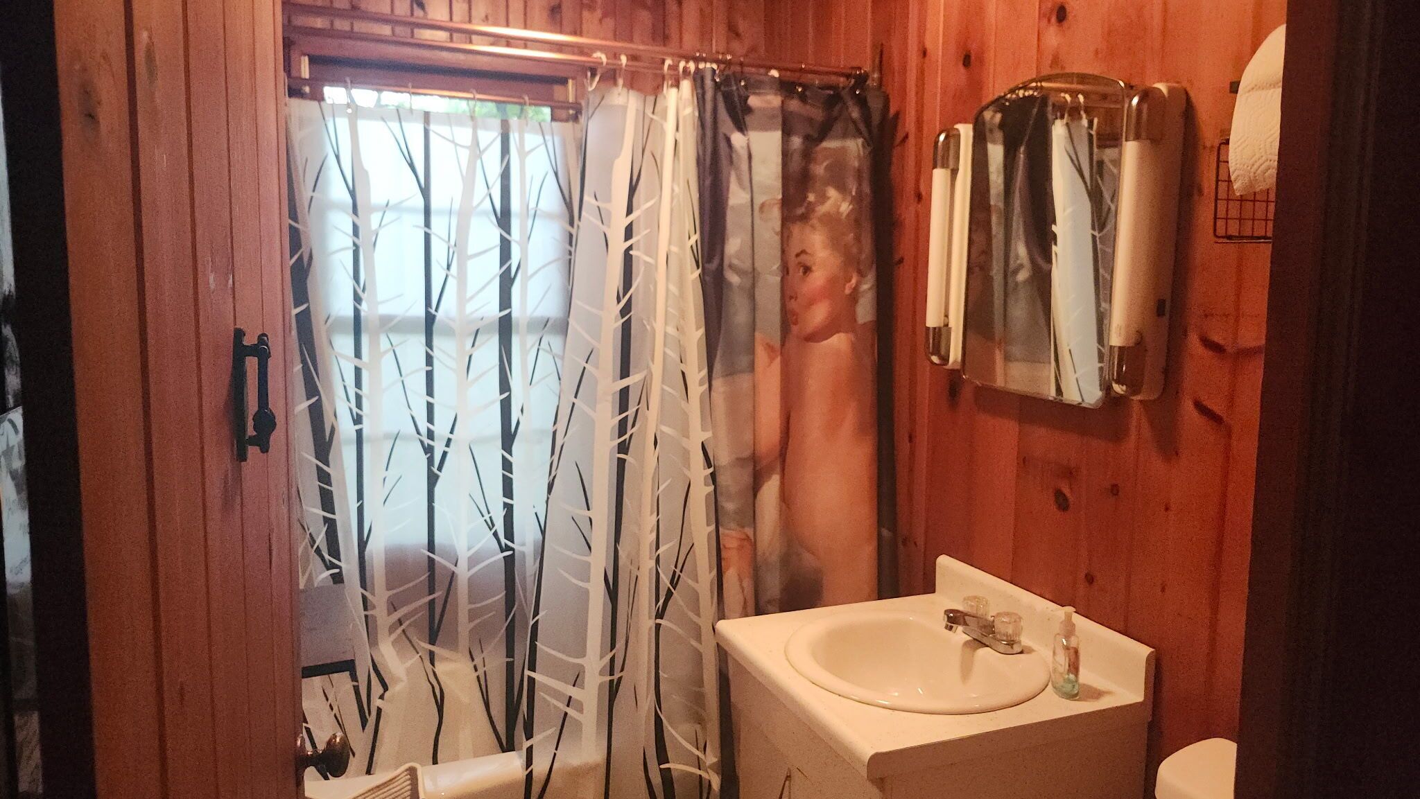 Une salle de bain avec une porte en bois, un rideau de douche orné d’un motif d’arbre, un lavabo avec un miroir et un porte-serviettes.
