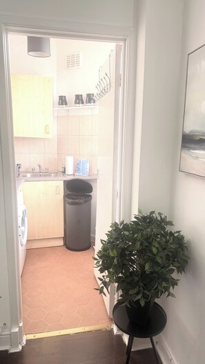 A hallway leading to a kitchen with a trash bin and a potted plant. - Cozy London Apartment with City Views (London)