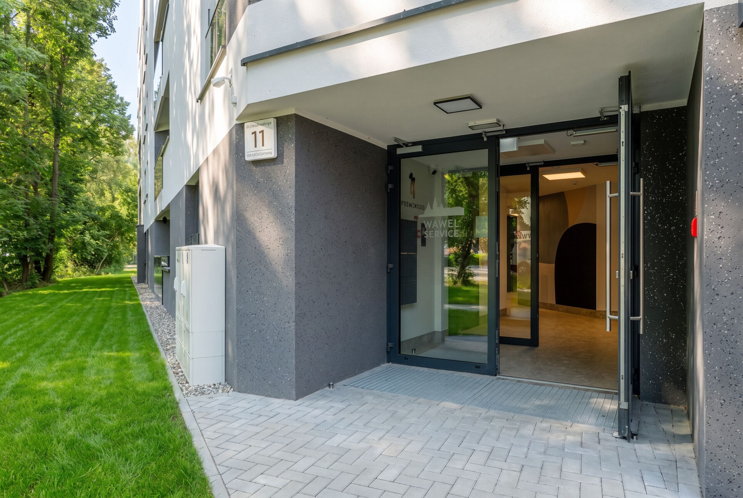 A modern building entrance with a glass door, a visible number '11' sign, and a paved pathway leading to the entrance.