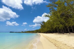 A beach with clear turquoise water, a sandy shore, and a line of trees. - Villa Garden House GH06, Pool & Holidays, 2 Min To Beach, Mauricius, Mauritius (Mauricius)
