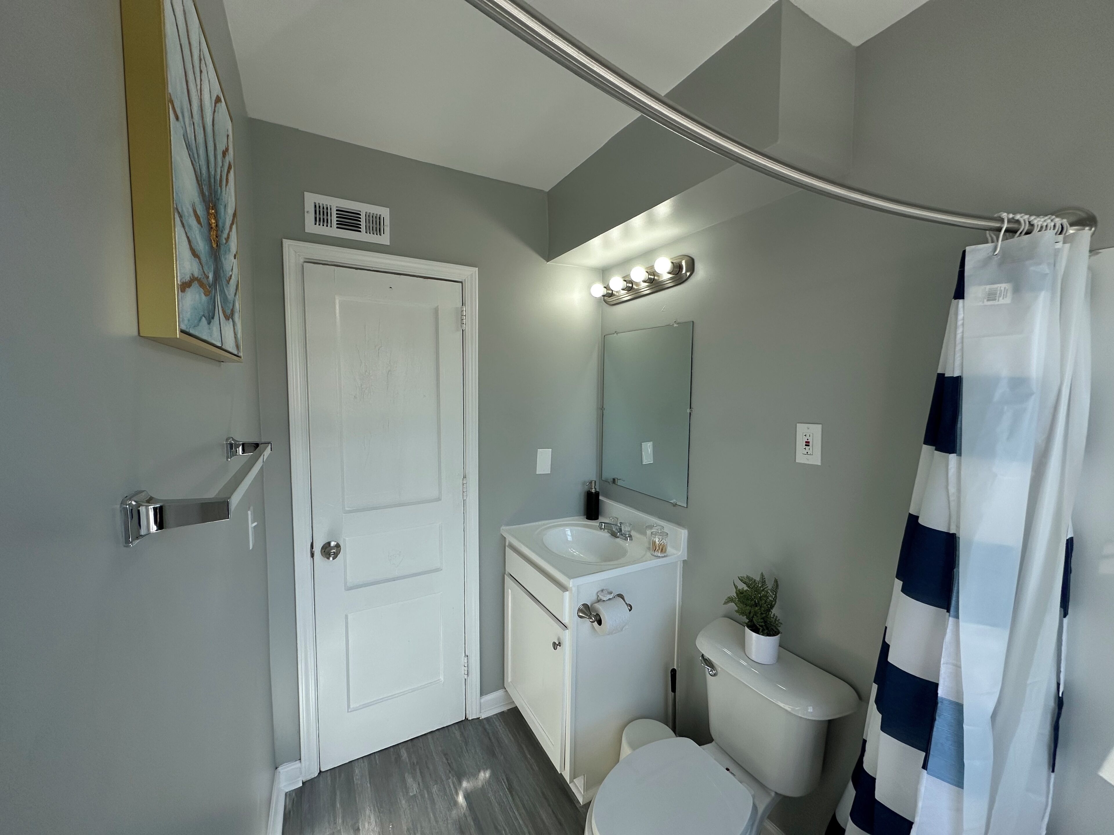 Hair dryer, towels, soap, shampoo