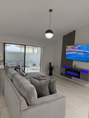 Smart TV, fireplace, books