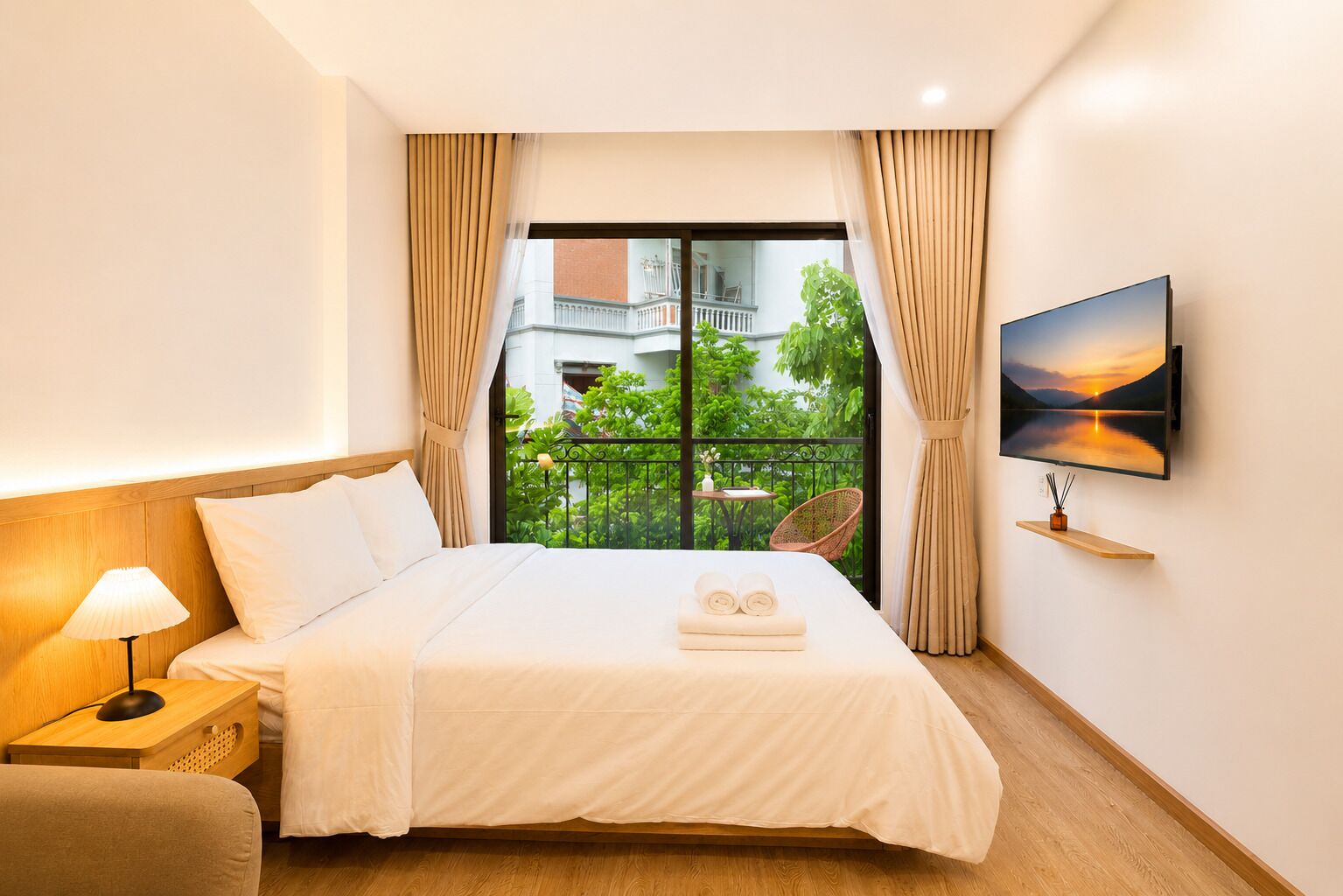 A hotel room with a bed, a TV mounted on the wall, a small table with a lamp, and a balcony with a view of greenery and buildings.