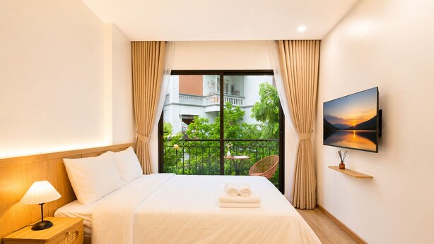 Habitación de hotel con cama, televisión montada en la pared, una mesita con lámpara y un balcón con vistas a zonas verdes y edificios.