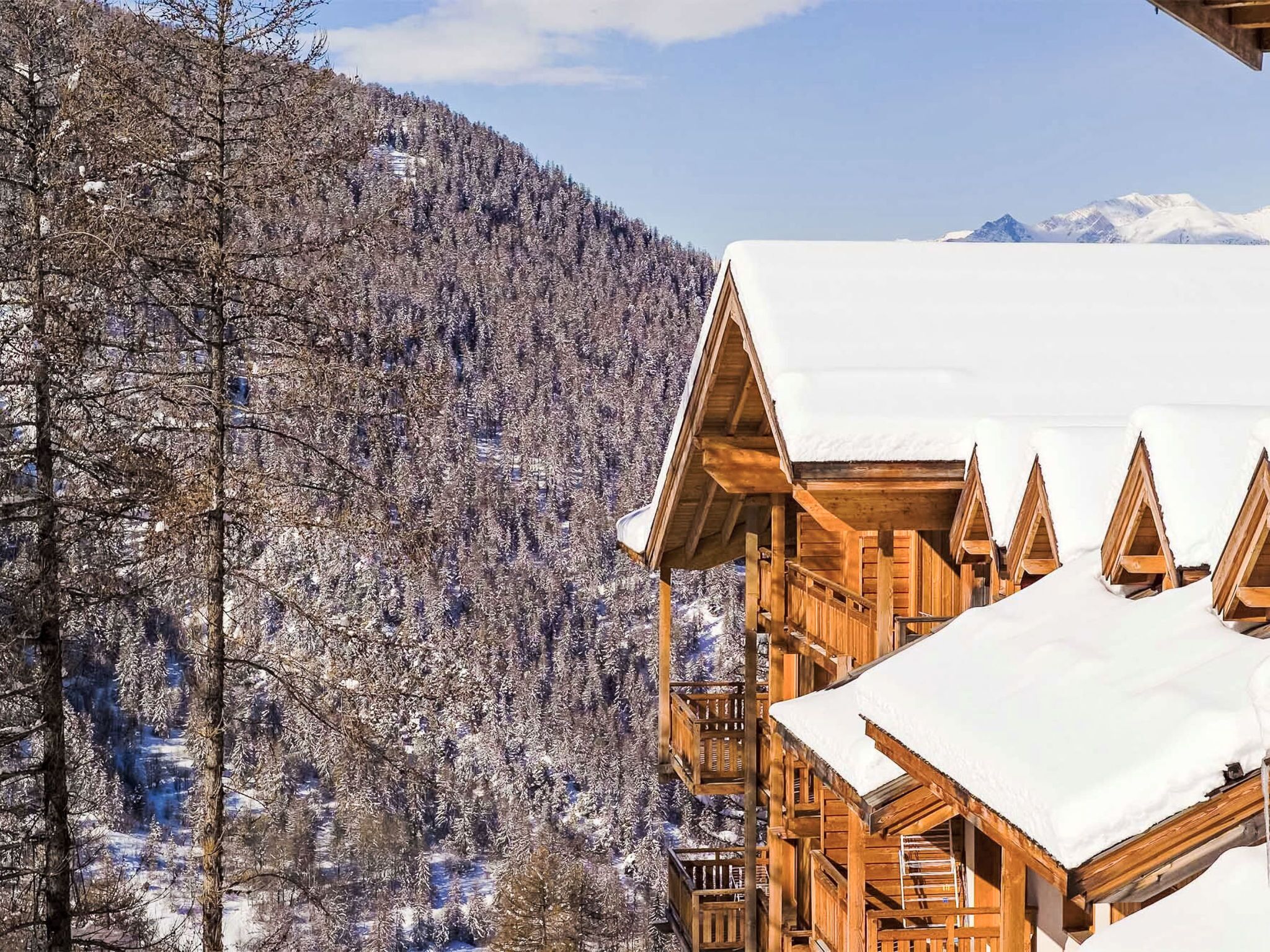 A wooden chalet with a snow-covered roof, surrounded by a forested mountain landscape.