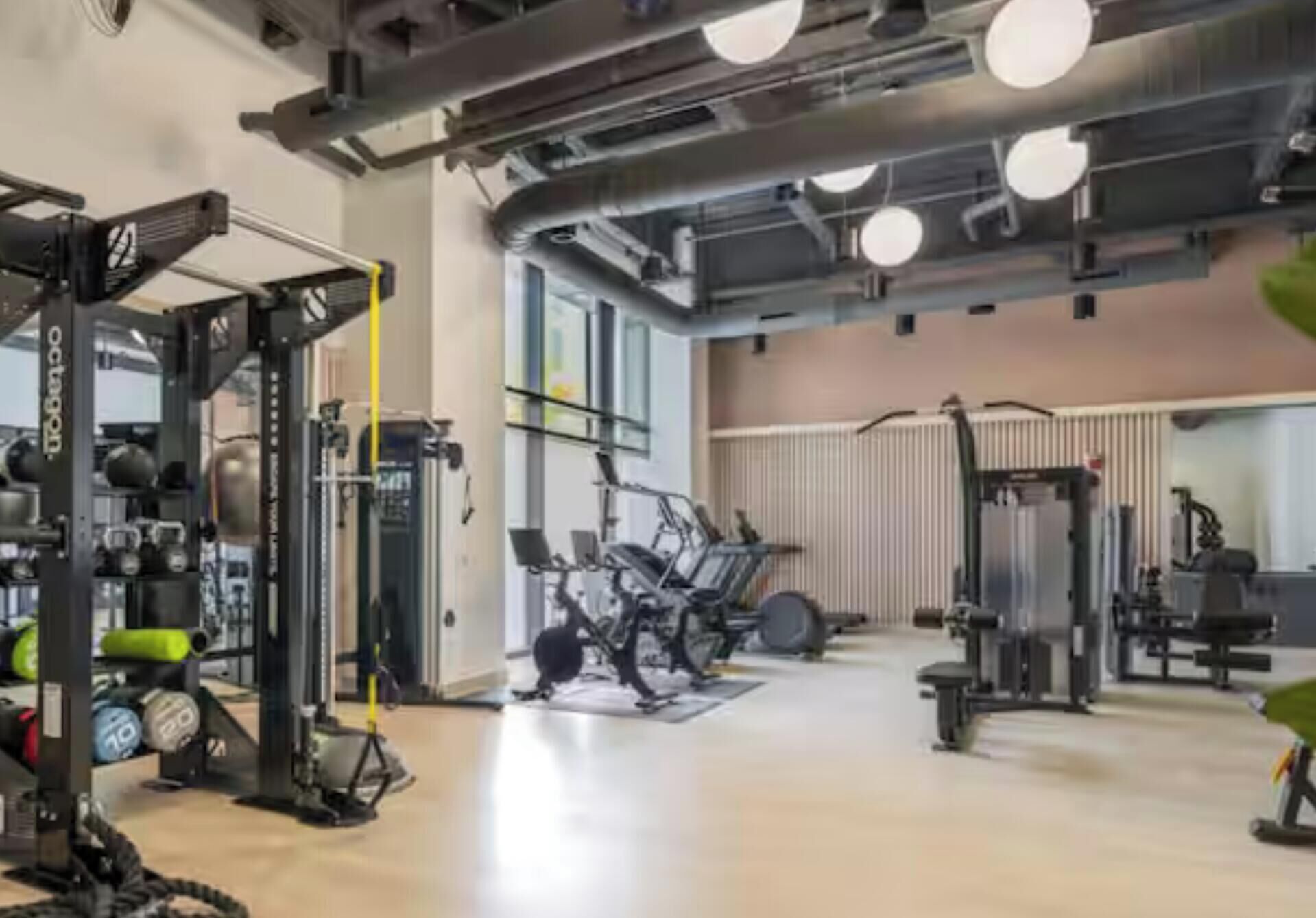 A gym with various exercise equipment, including weight machines and cardio machines.