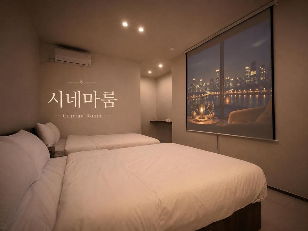 Una sala de cine con dos camas, un ventanal con vistas a la ciudad y un aire acondicionado instalado en la pared.