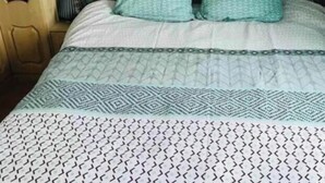 Un letto con biancheria a motivi decorativi e due cuscini, un armadio in legno e una parete con motivo a foglie.