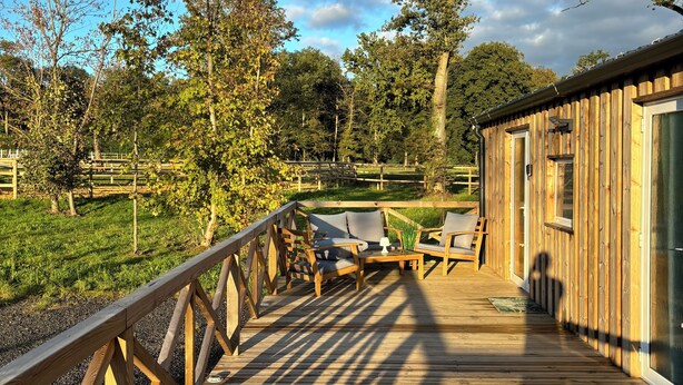 Un patio in legno con mobili da esterno, una recinzione di legno e alberi sullo sfondo.
