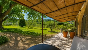 Un espacio de estar al aire libre con techo y vistas a un viñedo.