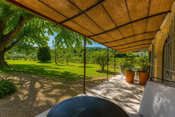 A covered outdoor seating area with a view of a vineyard.