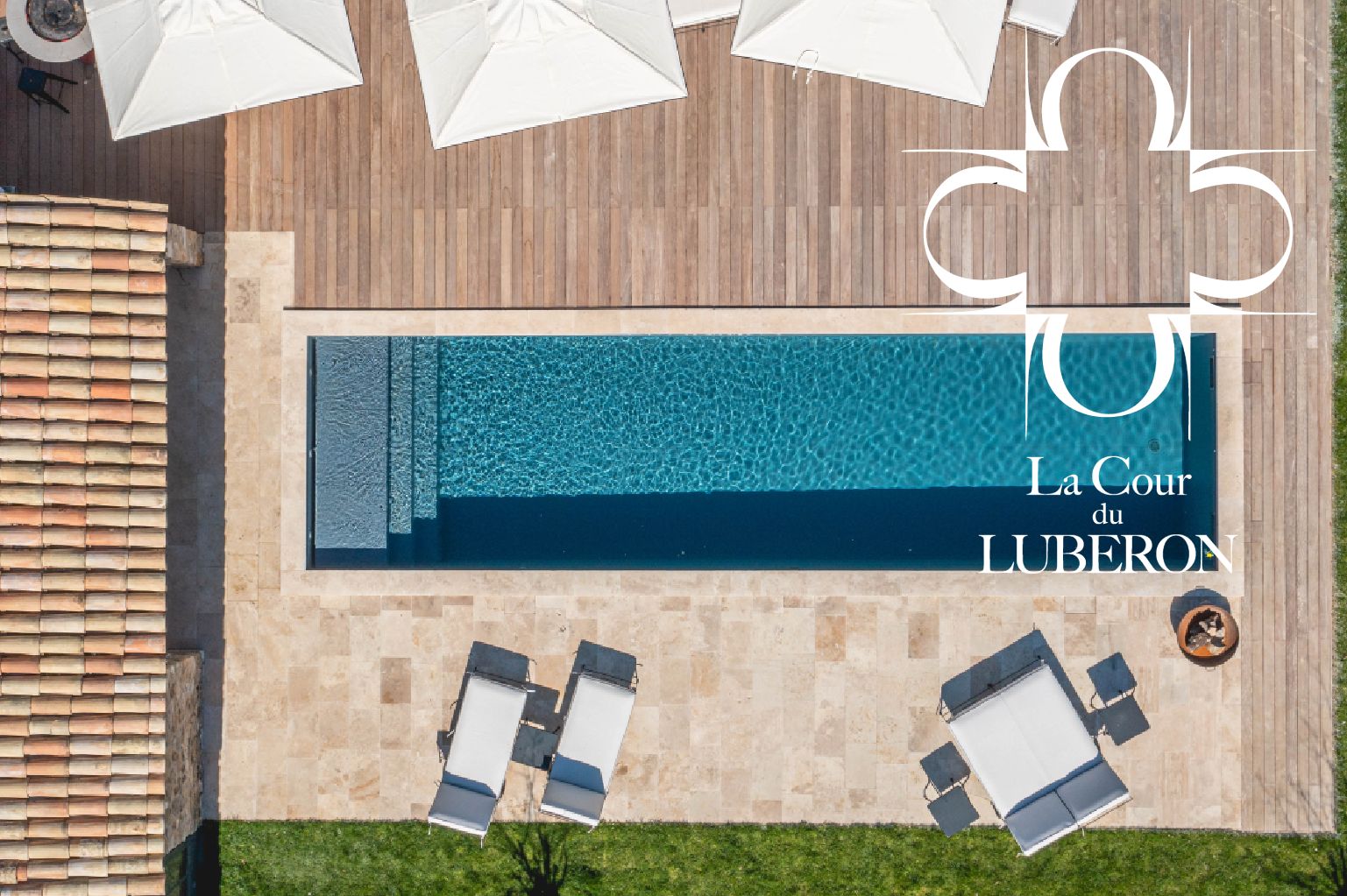 An aerial view of a swimming pool area with lounge chairs and umbrellas.