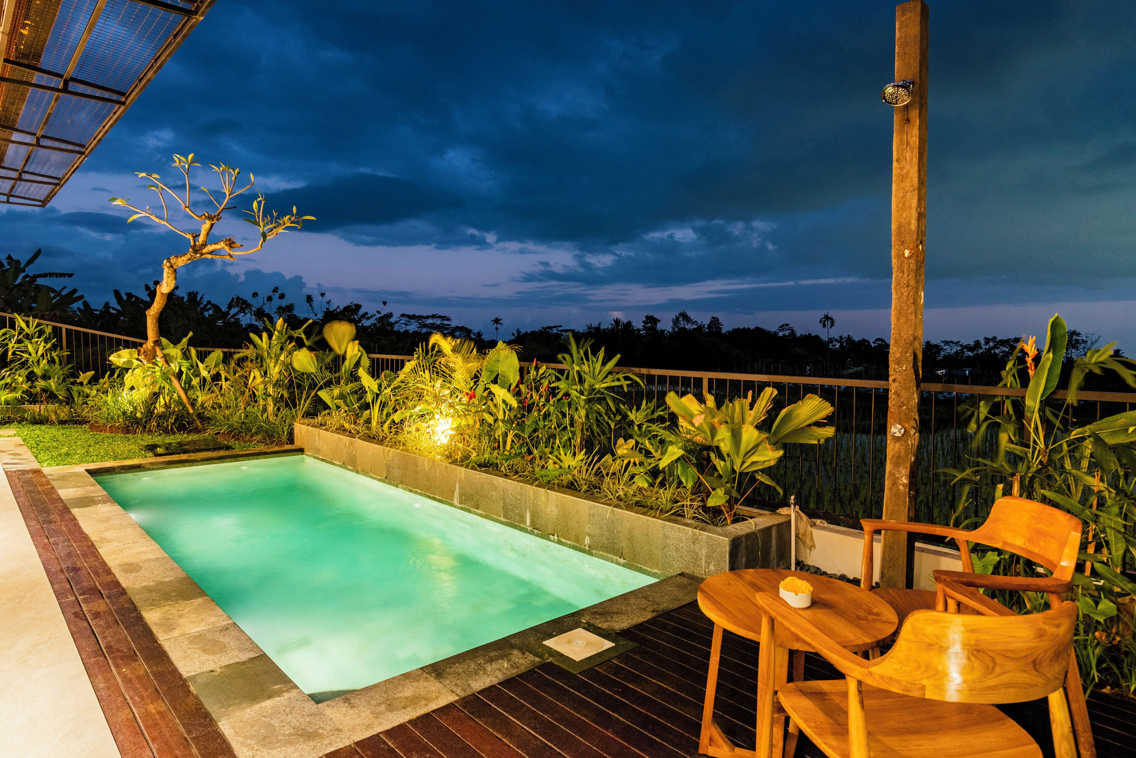 Una piscina con cubierta de madera y zona de estar, rodeada de abundante vegetación y vistas al cielo.