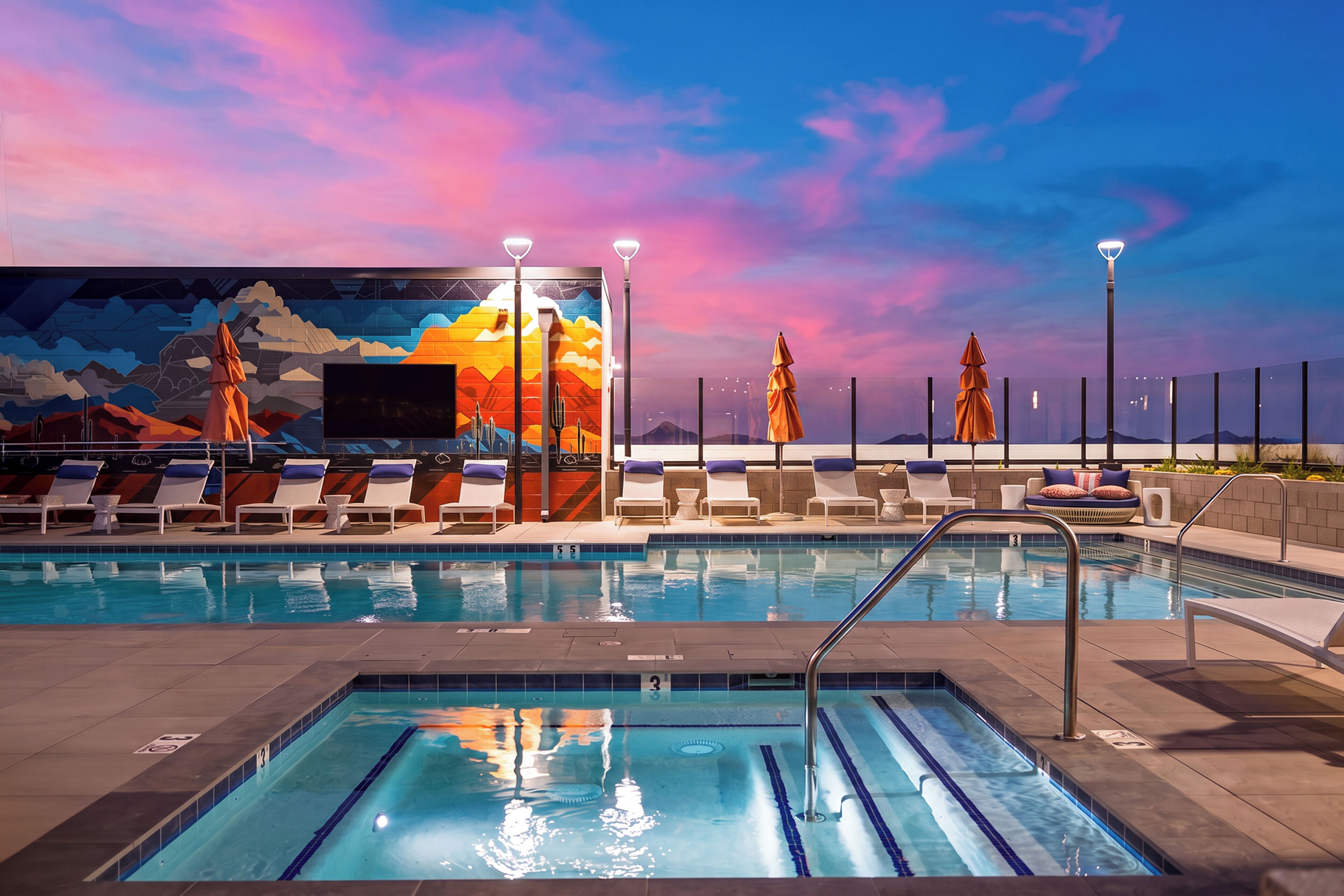 Une piscine intérieure avec des chaises longues et des parasols, une fresque murale et un ciel dégagé.